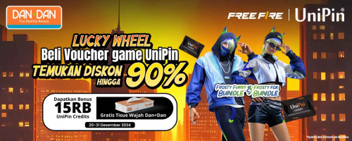 Top up diamonds FF pake Voucher UniPin di Dan+Dan, temukan diskon hingga 90%, bonus UC & gratis tissue Dan+Dan!